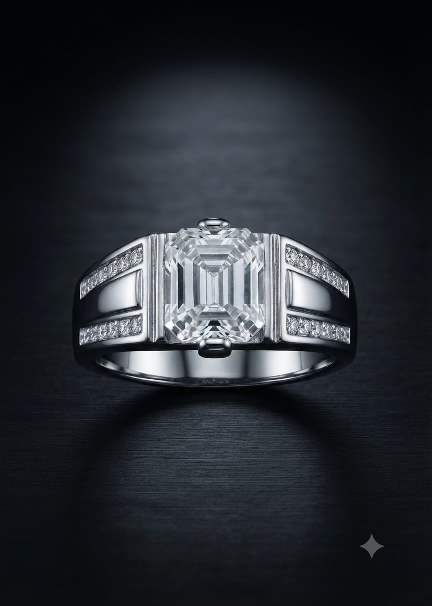 92.5 Sterling Silver Emerald-Cut CZ Solitaire Men's Ring with Split Pavé Shoulders