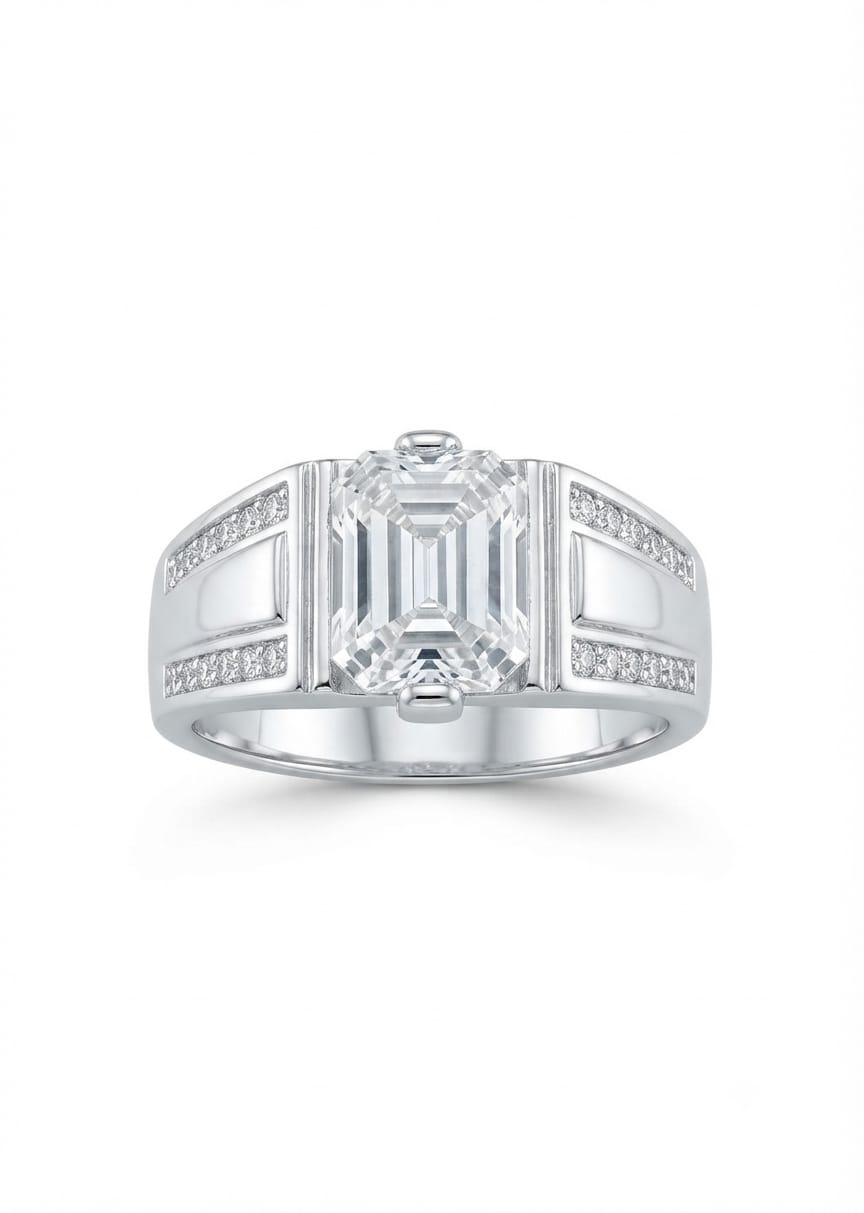 92.5 Sterling Silver Emerald-Cut CZ Solitaire Men's Ring with Split Pavé Shoulders