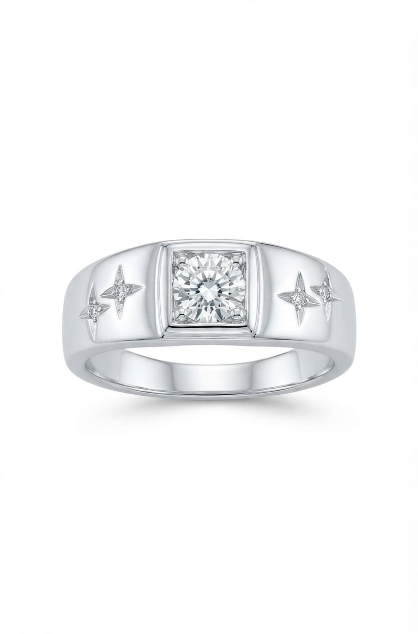 92.5 Sterling Silver Round CZ Solitaire Men's Ring with Starburst Engravings