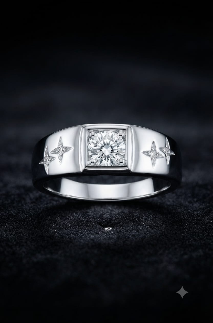 92.5 Sterling Silver Round CZ Solitaire Men's Ring with Starburst Engravings