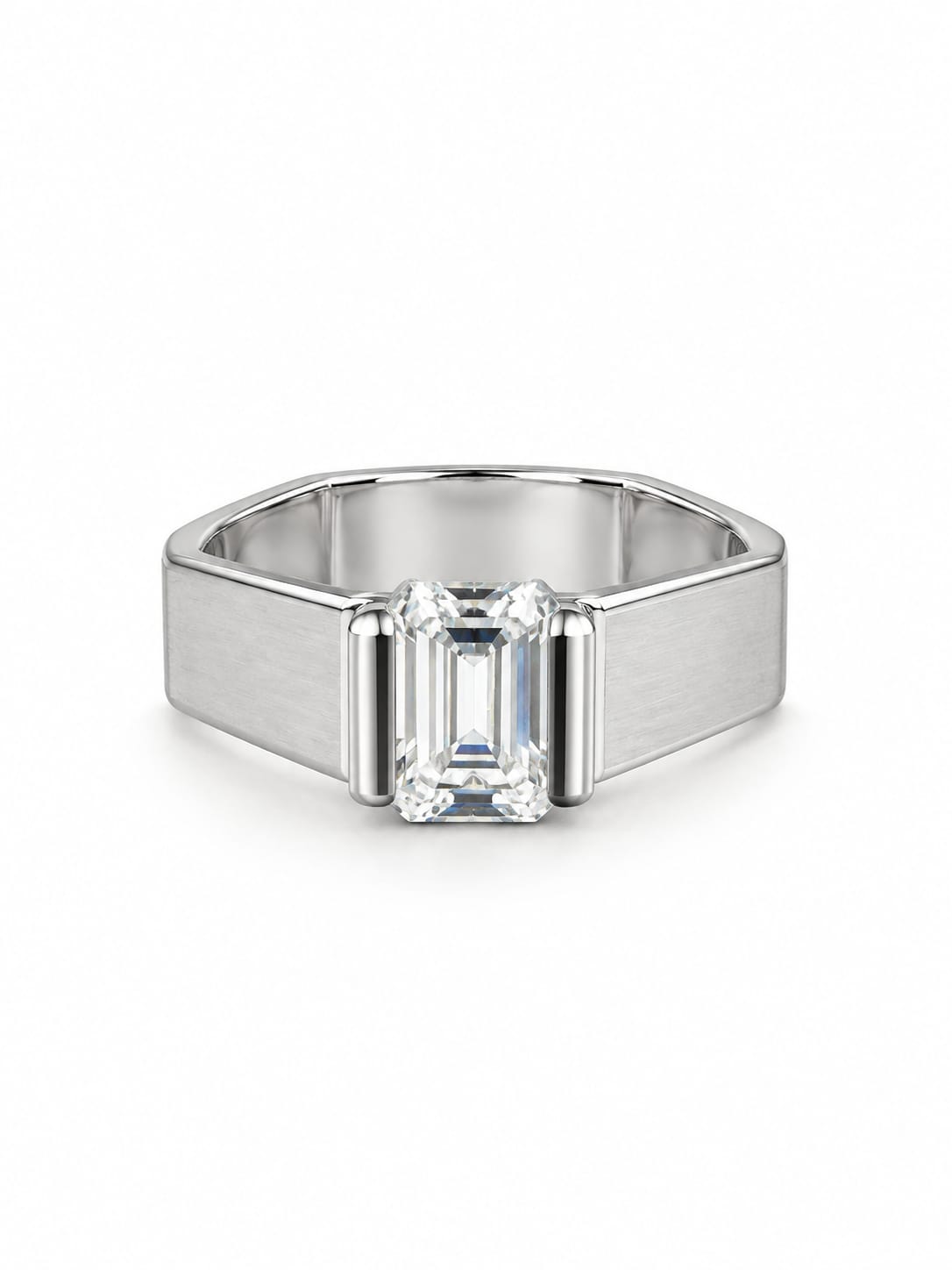 92.5 Sterling Silver Emerald-Cut CZ Solitaire Men's Ring with Satin Band