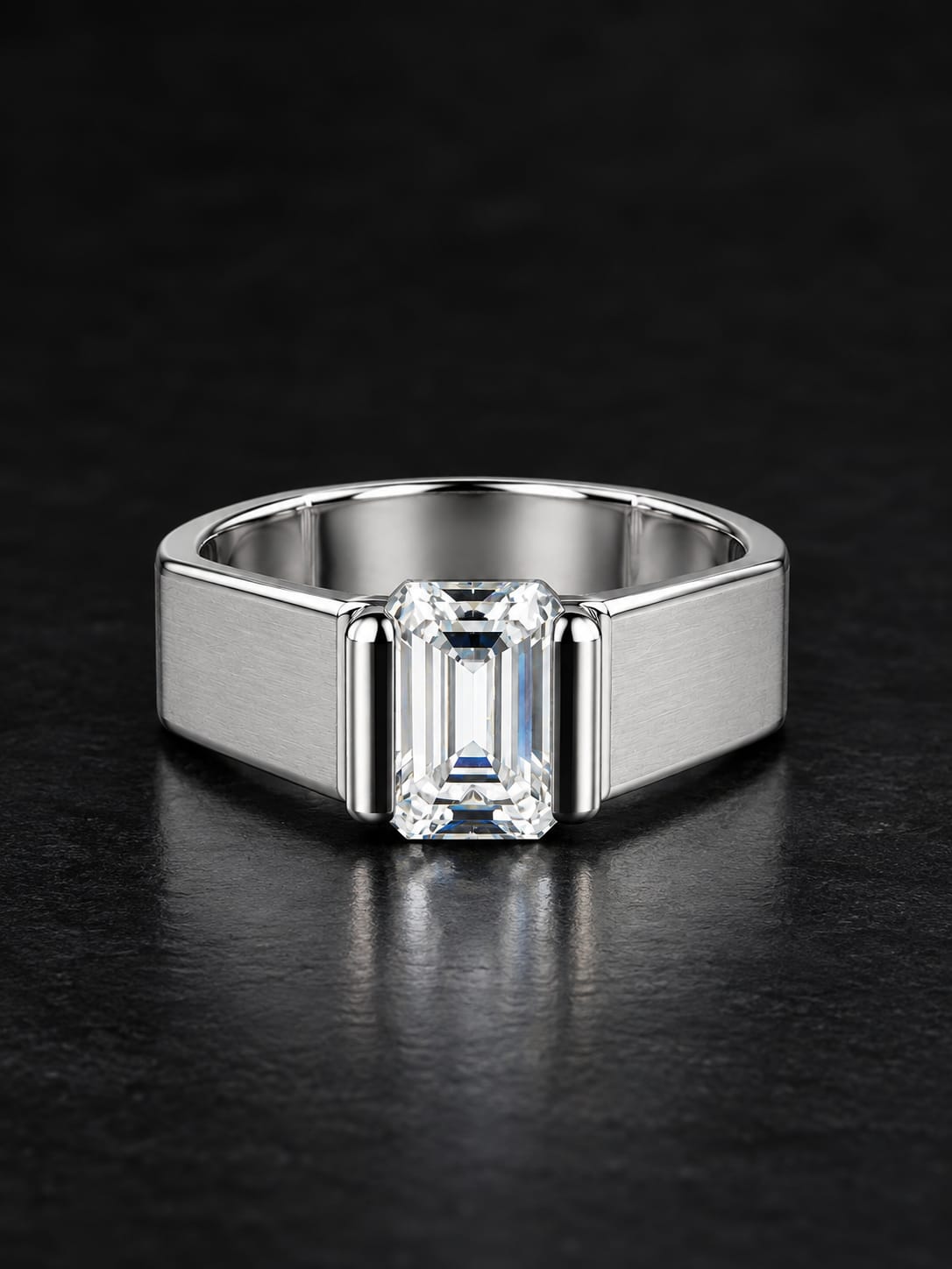 92.5 Sterling Silver Emerald-Cut CZ Solitaire Men's Ring with Satin Band