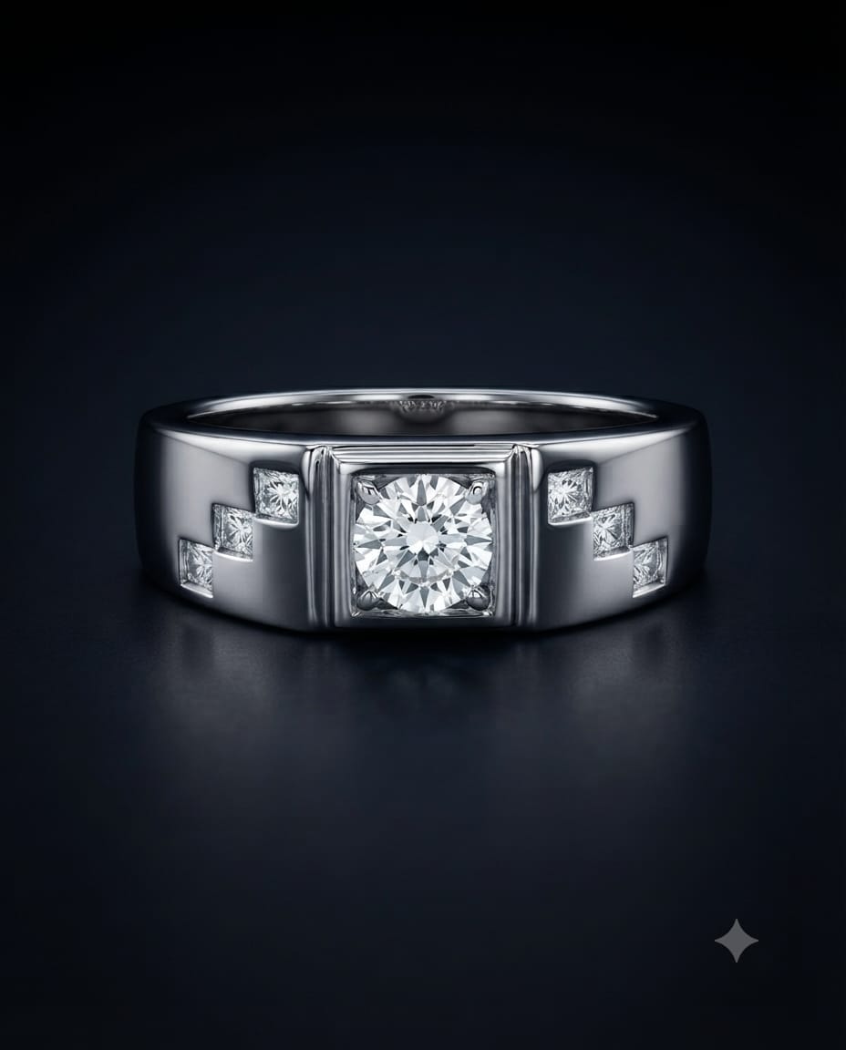 92.5 Sterling Silver Solitaire Men's Ring with Stepped CZ Accent Bands
