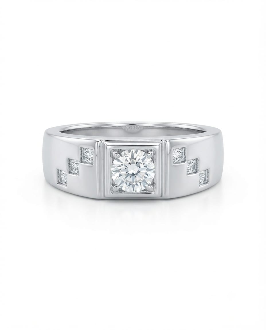 92.5 Sterling Silver Solitaire Men's Ring with Stepped CZ Accent Bands