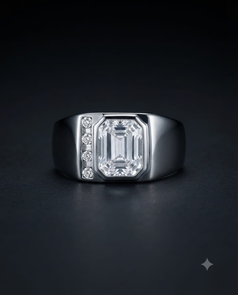 92.5 Sterling Silver Emerald-Cut CZ Solitaire Men's Ring with Side Channel Accents