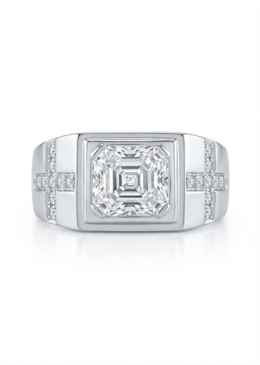 Men’s 92.5 Silver Bezel-Set Square Solitaire Ring with Pavé Cross Accents in White Rhodium Finish
