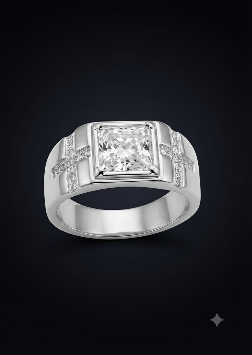 Men’s 92.5 Silver Bezel-Set Square Solitaire Ring with Pavé Cross Accents in White Rhodium Finish