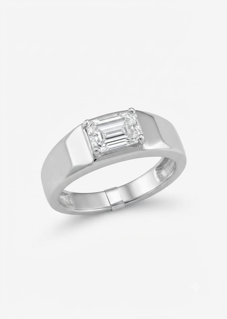 Men’s 92.5 Silver Horizontal Radiant CZ Signet Ring in White Rhodium Finish