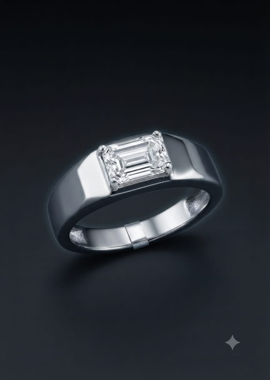 Men’s 92.5 Silver Horizontal Radiant CZ Signet Ring in White Rhodium Finish