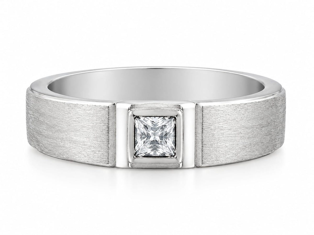 92.5 Sterling Silver Princess-Cut CZ Solitaire Men's Brushed Band