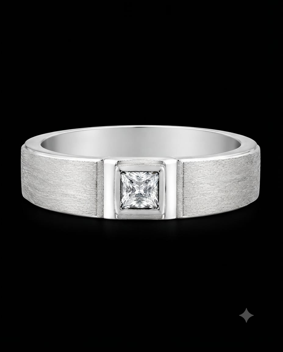 92.5 Sterling Silver Princess-Cut CZ Solitaire Men's Brushed Band