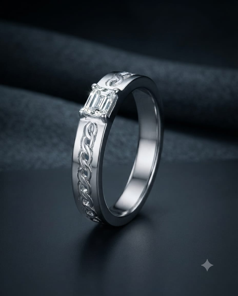 92.5 Sterling Silver Emerald-Cut CZ Solitaire Men's Chain-Detail Ring