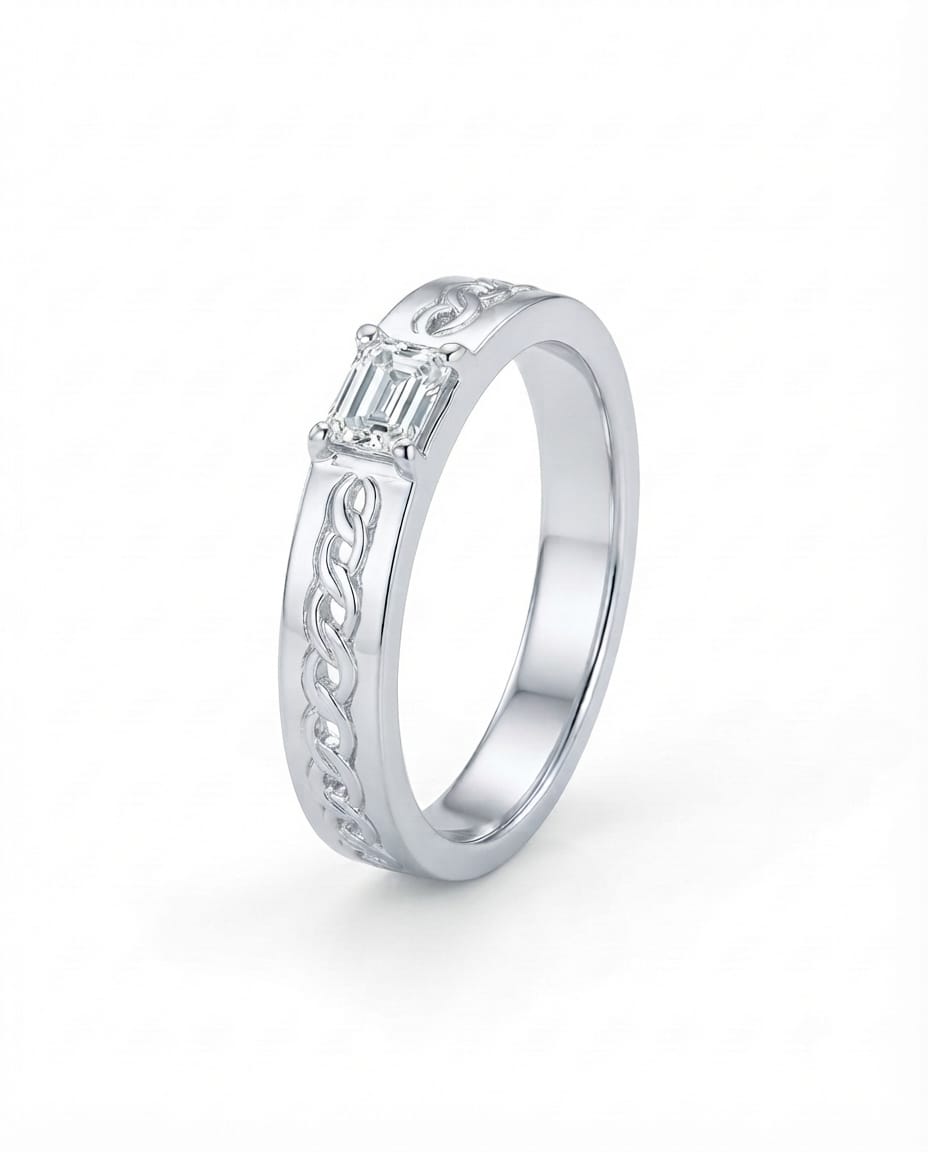 92.5 Sterling Silver Emerald-Cut CZ Solitaire Men's Chain-Detail Ring