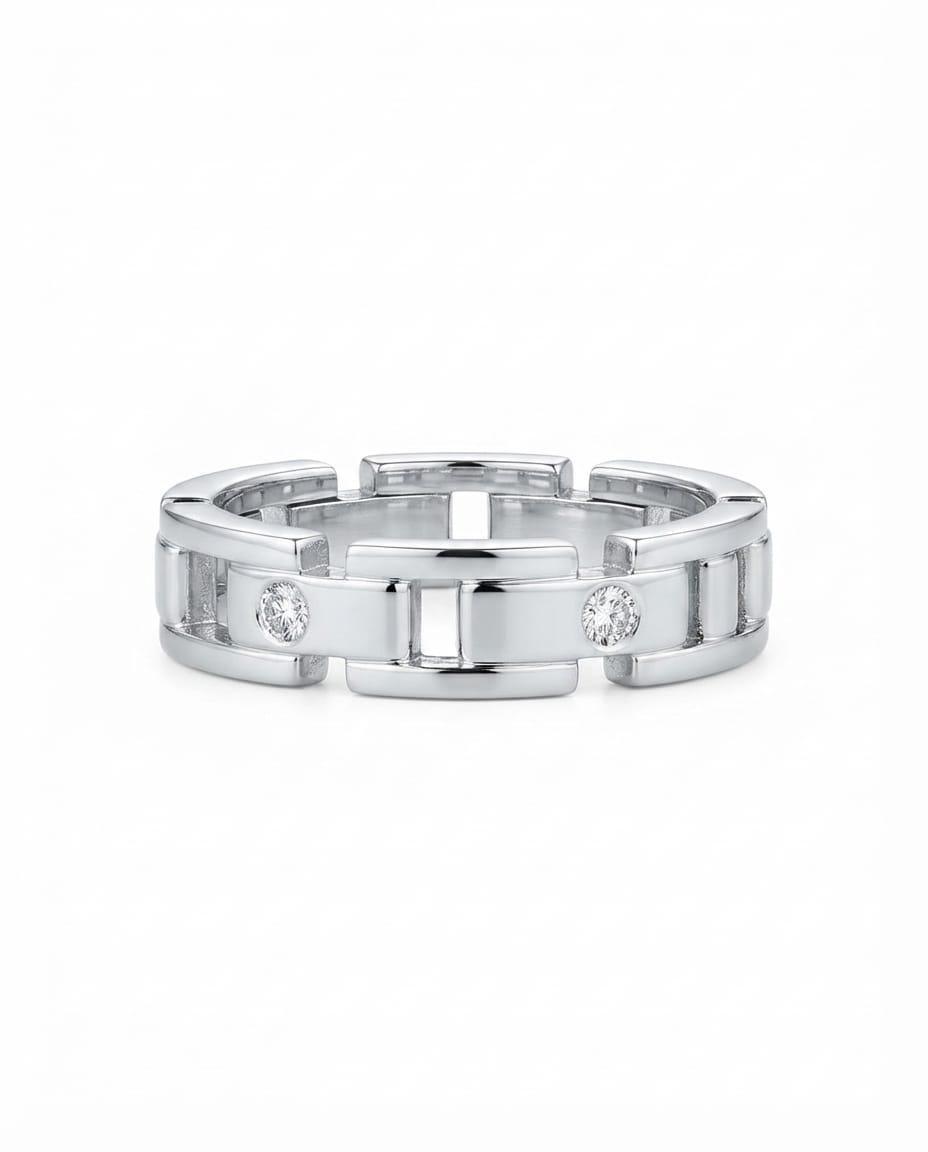 92.5 Sterling Silver Interlocking Chain Link Men's Band with CZ Accents