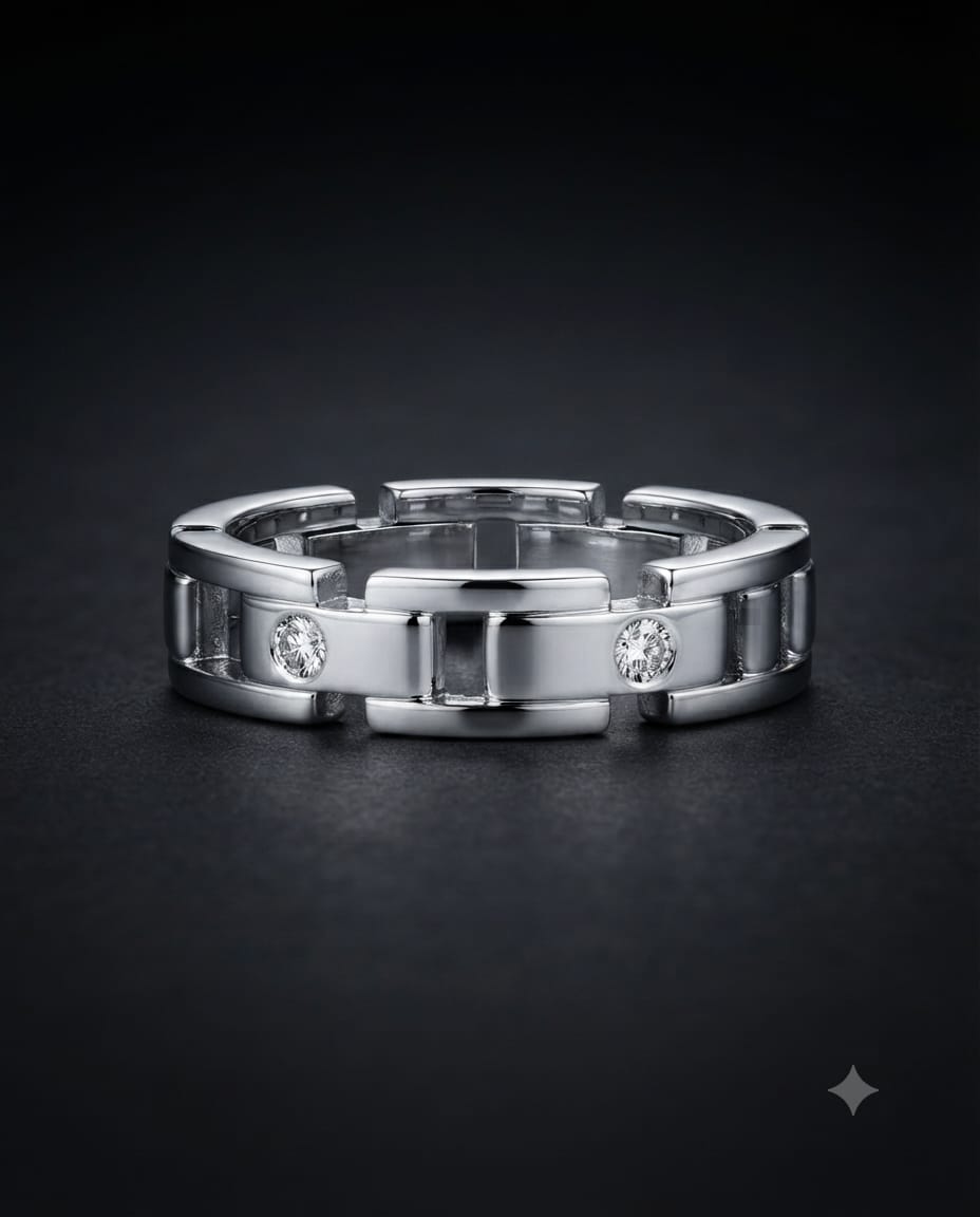 92.5 Sterling Silver Interlocking Chain Link Men's Band with CZ Accents