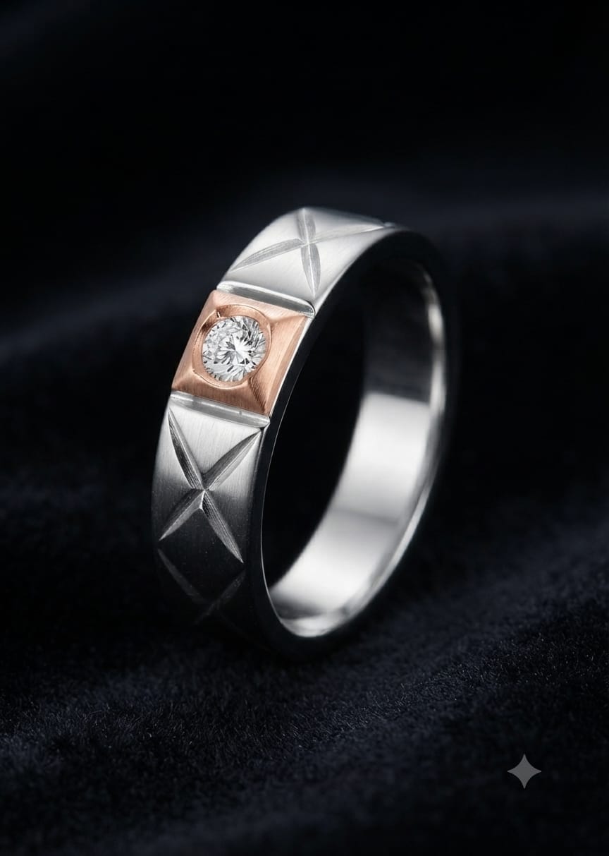 Two-Tone Brushed Silver Men's Band with Cross-Hatch Carvings & Rose Gold Accents