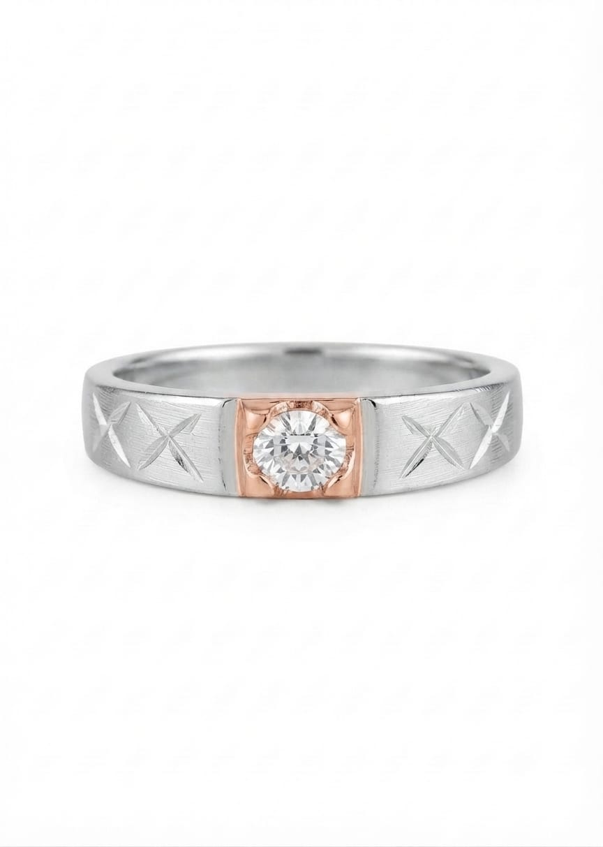 Two-Tone Brushed Silver Men's Band with Cross-Hatch Carvings & Rose Gold Accents