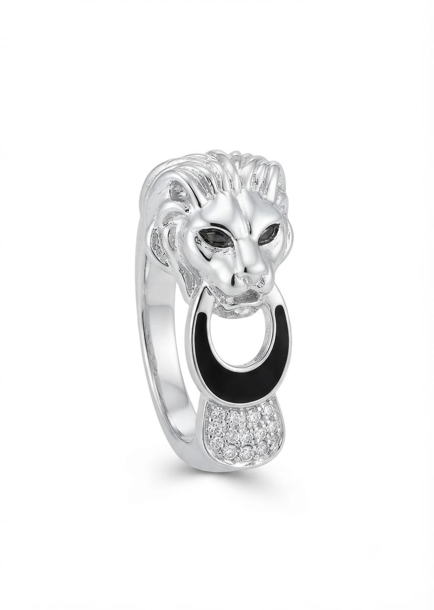 92.5 Sterling Silver Lion Head Statement Ring with Enamel & CZ Accents