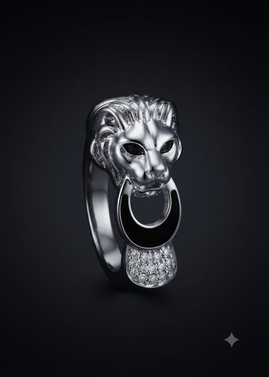 92.5 Sterling Silver Lion Head Statement Ring with Enamel & CZ Accents
