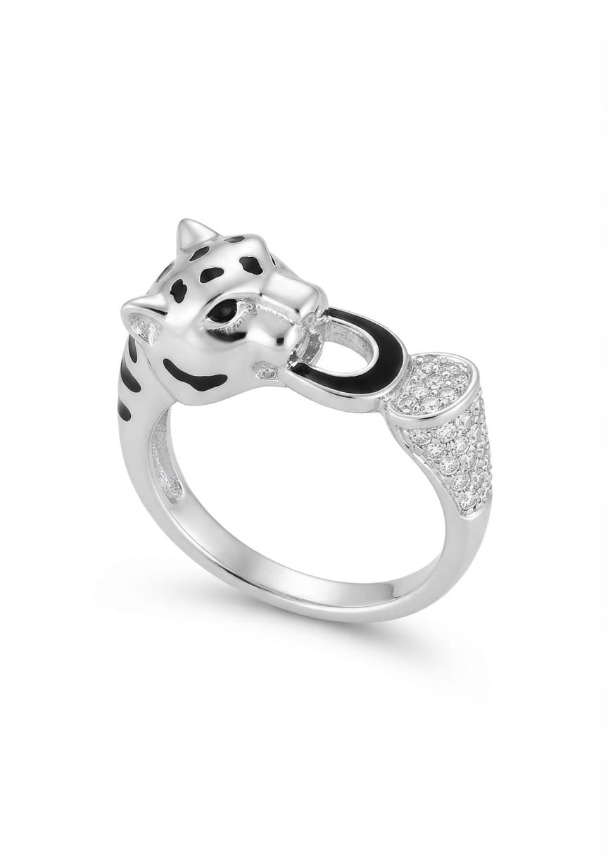 Wild Jaguar Sculpted Silver Ring with Black Enamel Spots & Micro-Pavé Band