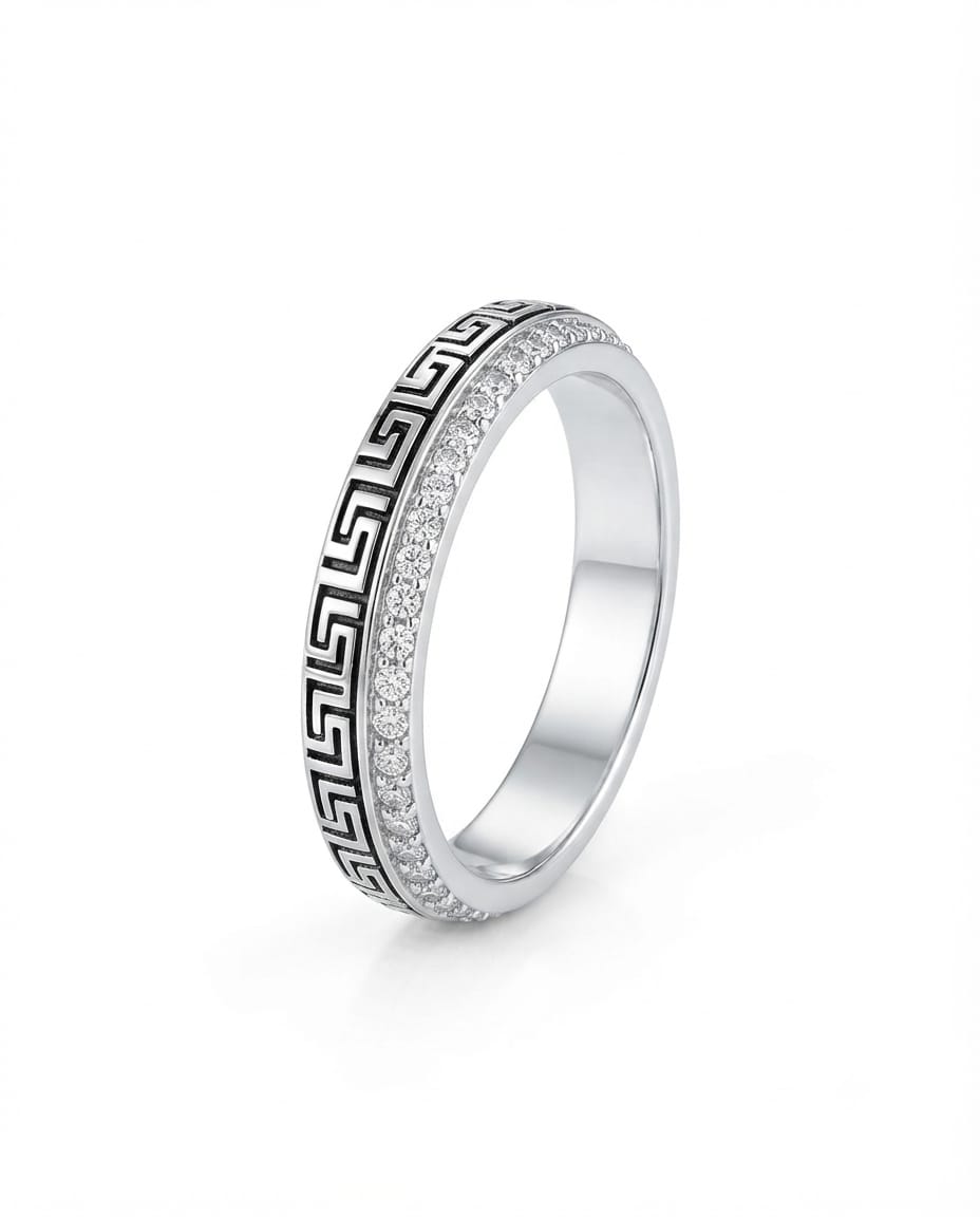 92.5 Sterling Silver Dual-Track Band with Greek Key Pattern & Pavé CZ Rows