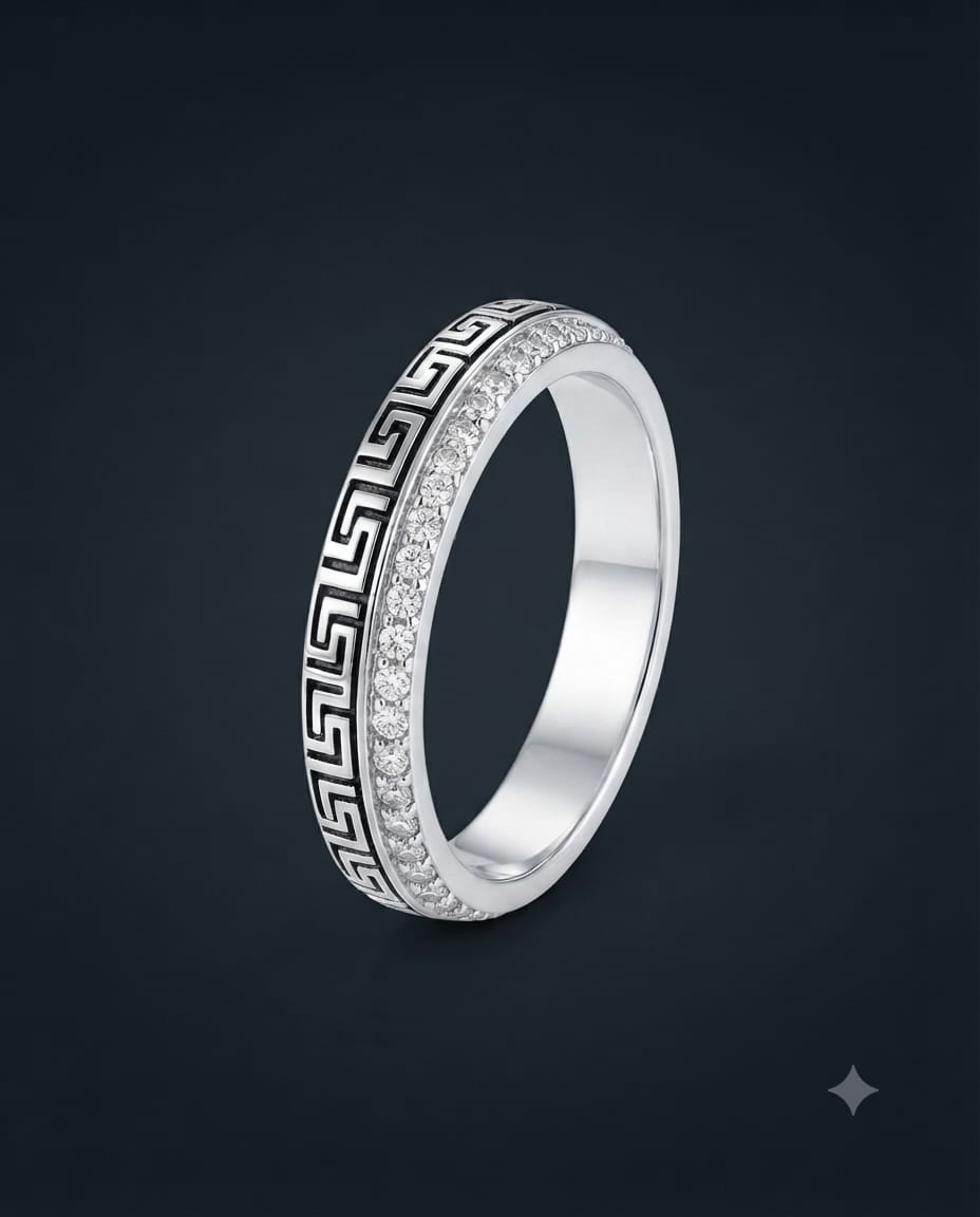 92.5 Sterling Silver Dual-Track Band with Greek Key Pattern & Pavé CZ Rows