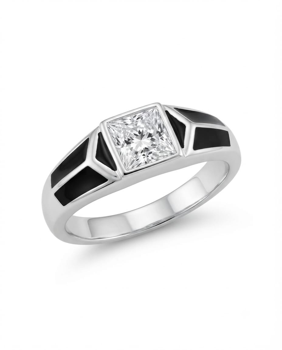 92.5 Sterling Silver Princess-Cut CZ Men's Ring with Black Enamel Accents