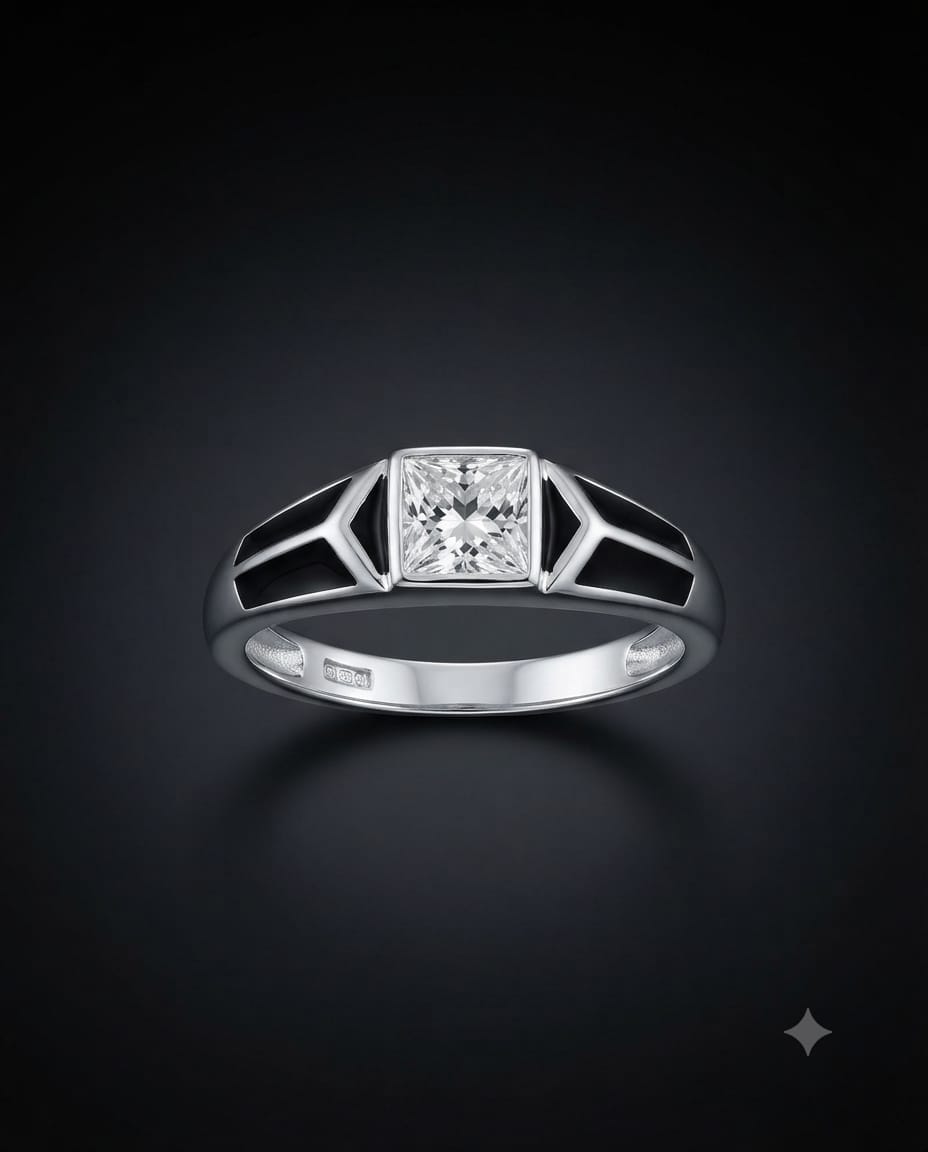 92.5 Sterling Silver Princess-Cut CZ Men's Ring with Black Enamel Accents