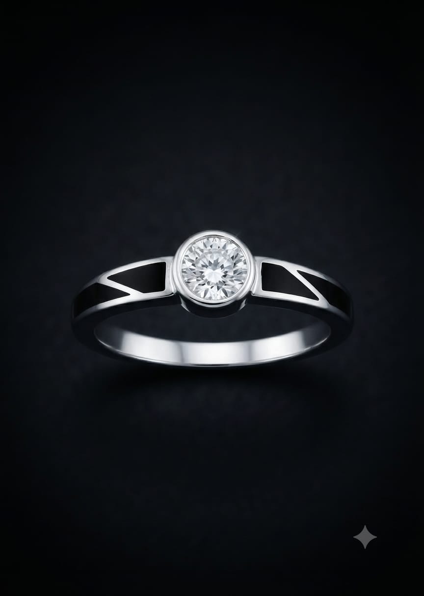 92.5 Sterling Silver Round Bezel CZ Men's Solitaire Ring with Black Enamel Accents