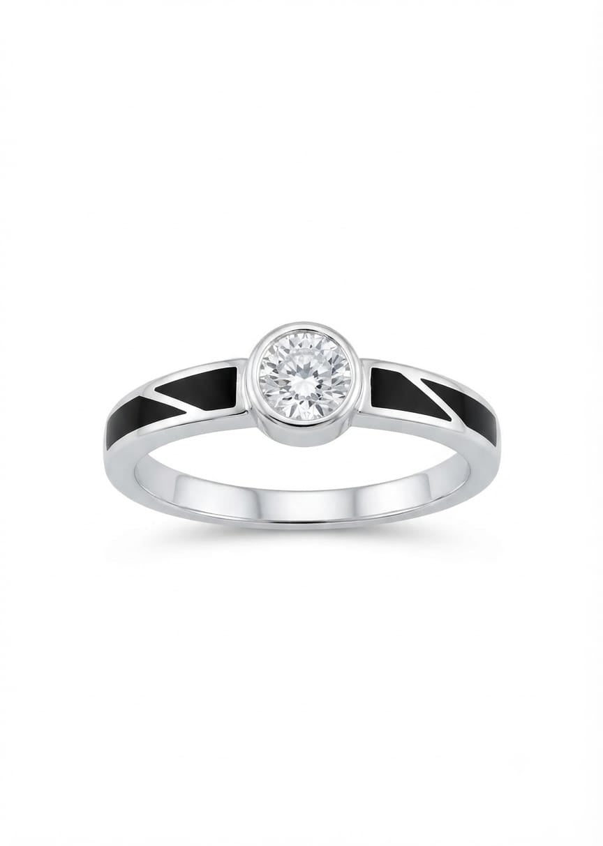 92.5 Sterling Silver Round Bezel CZ Men's Solitaire Ring with Black Enamel Accents