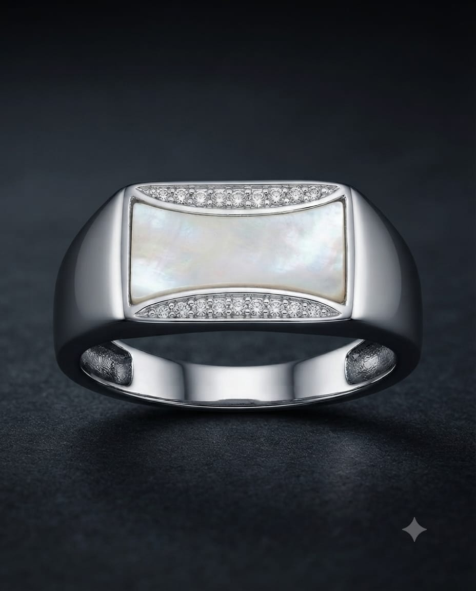 92.5 Sterling Silver Rectangular Mother-of-Pearl Signet Ring with Pavé CZ Borders