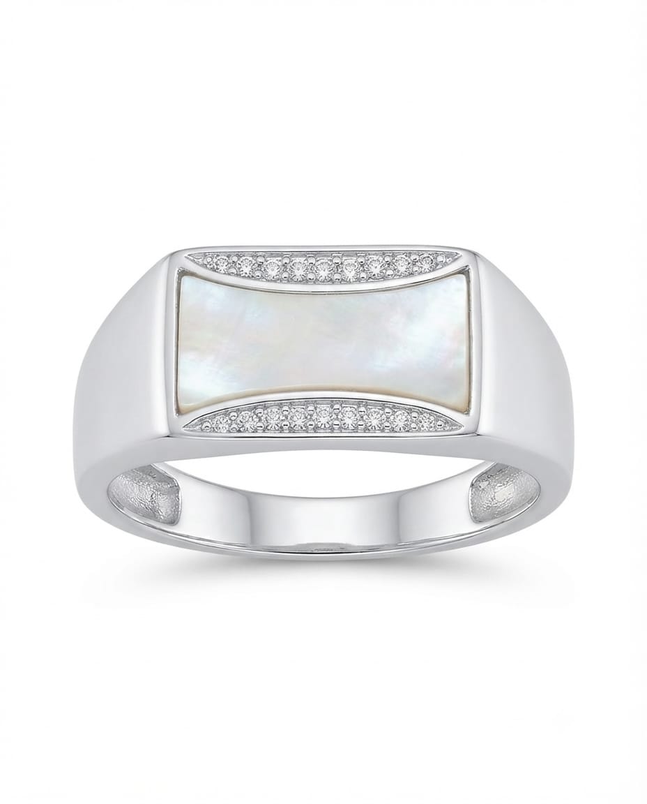 92.5 Sterling Silver Rectangular Mother-of-Pearl Signet Ring with Pavé CZ Borders