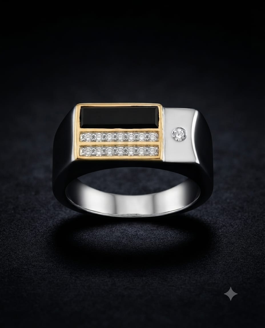 92.5 Sterling Silver Dual-Tone Men's Signet Ring with Black Inlay & CZ Rows