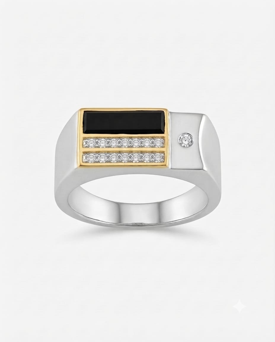 92.5 Sterling Silver Dual-Tone Men's Signet Ring with Black Inlay & CZ Rows