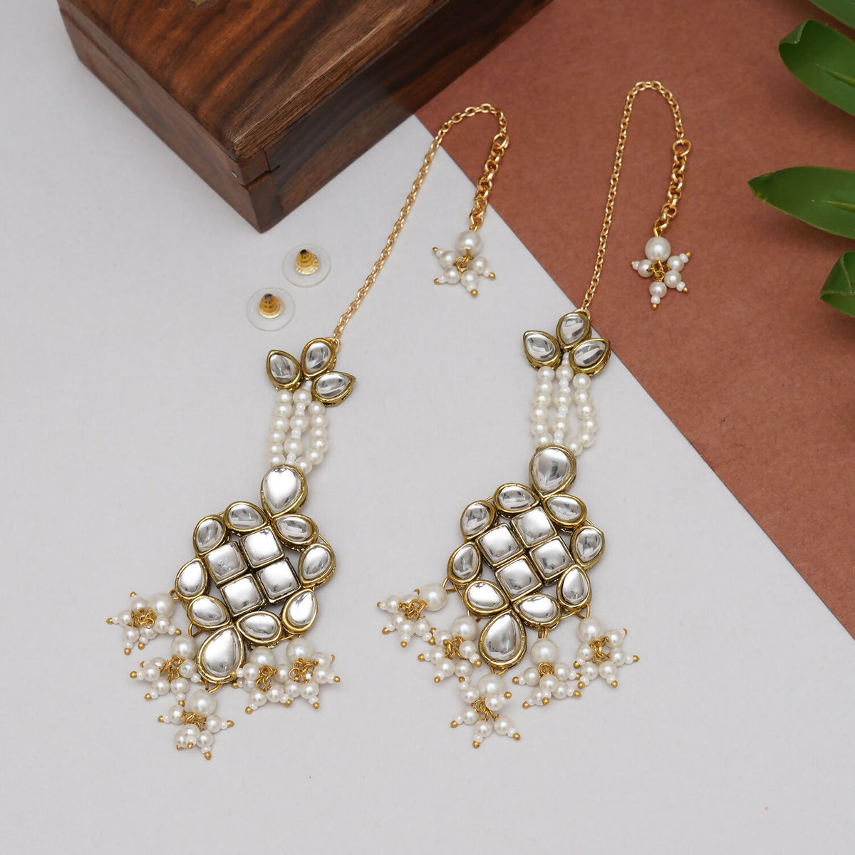 Gold Tone White Beads Kundan Kanauti Earrings