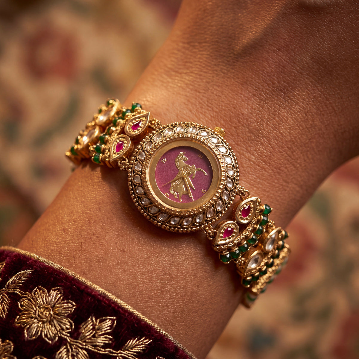 Antique Gold Maroon Dial Horse Motif Polki Bracelet Watch for Women & Girls | Stylish Watch | Wrist Watches for Girls | Ideal for gifting | Gift for Diwali, Christmas, Marriage, Birthday, anniversary, wedding