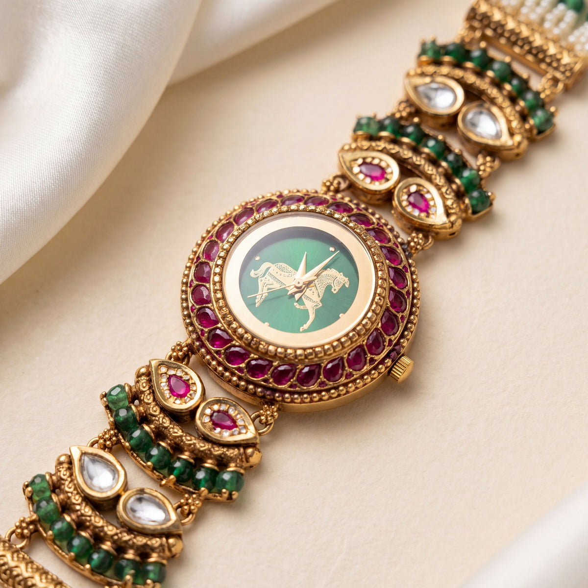 Antique Gold Green Dial Horse Motif Ruby Bezel Bracelet Watch for Women & Girls | Stylish Watch | Wrist Watches for Girls | Ideal for gifting | Gift for Diwali, Christmas, Marriage, Birthday, anniversary, wedding
