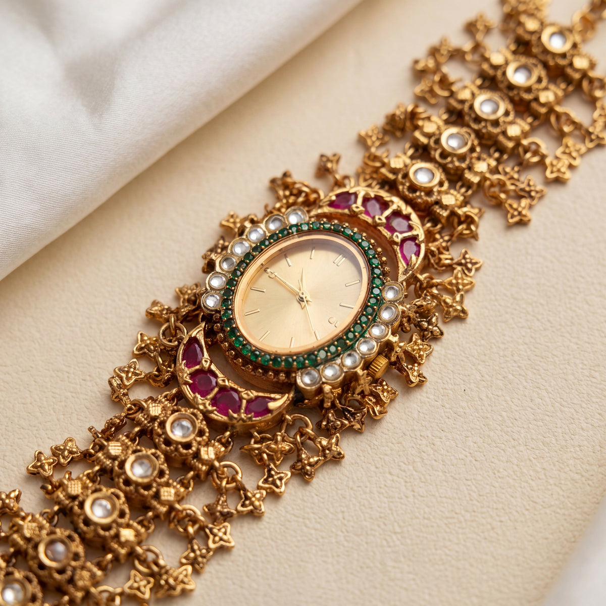 Antique Gold Dial Emerald Bezel Ruby Crescent Kundan Bracelet Watch for Women & Girls | Stylish Watch | Wrist Watches for Girls | Ideal for gifting | Gift for Diwali, Christmas, Marriage, Birthday, anniversary, wedding