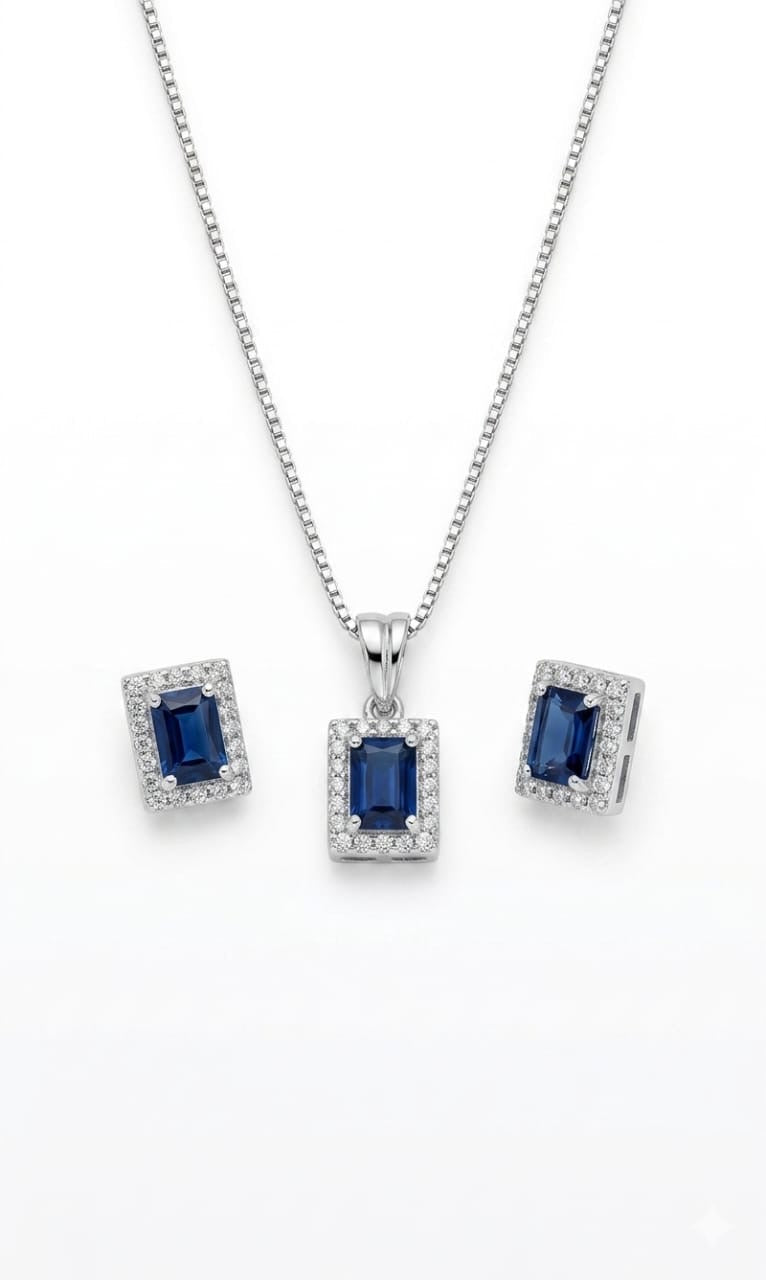 925 Sterling Silver Rhodium Plated Emerald-Cut Blue Sapphire & Halo Zirconia jewelry set
