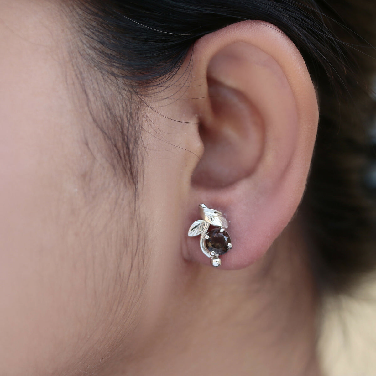925 Sterling Silver Smoky Quartz Eartops for Women | Natural Grey Gemstone Stud Earrings | Rhodium Finish Silver Jewelry