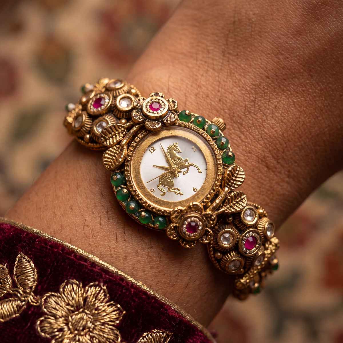 Antique Gold White Dial Horse Motif Floral Kundan Bracelet Watch for Women & Girls | Stylish Watch | Wrist Watches for Girls | Ideal for gifting | Gift for Diwali, Christmas, Marriage, Birthday, anniversary, wedding