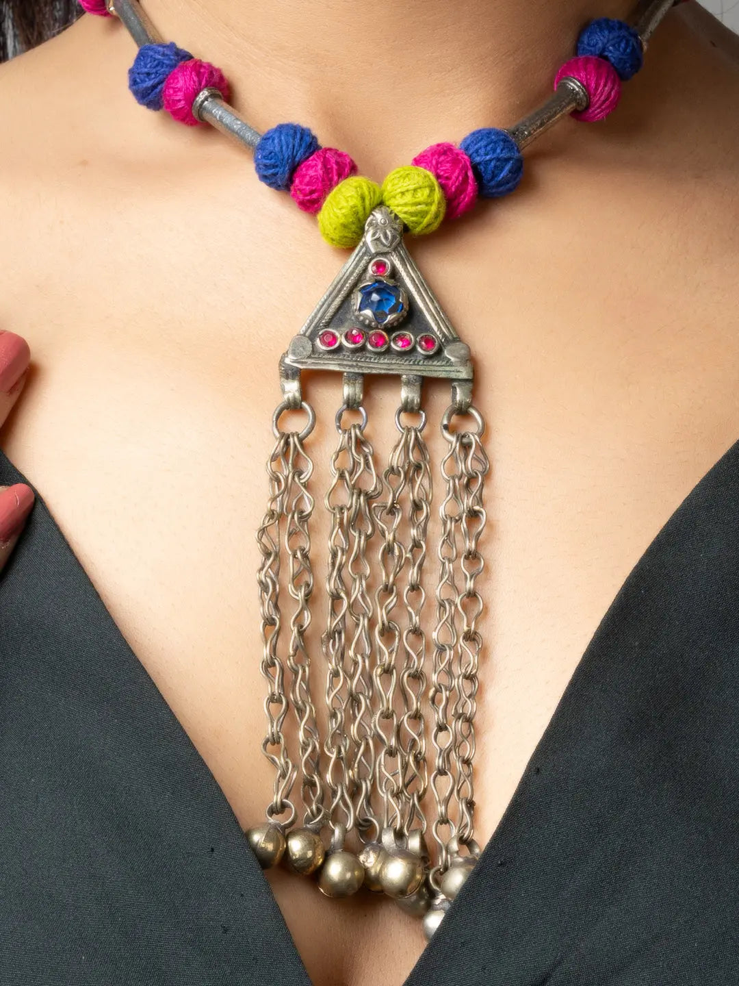 LOOK AND ADORN colorful afghani necklace with silver triangular pendant and hanging chains