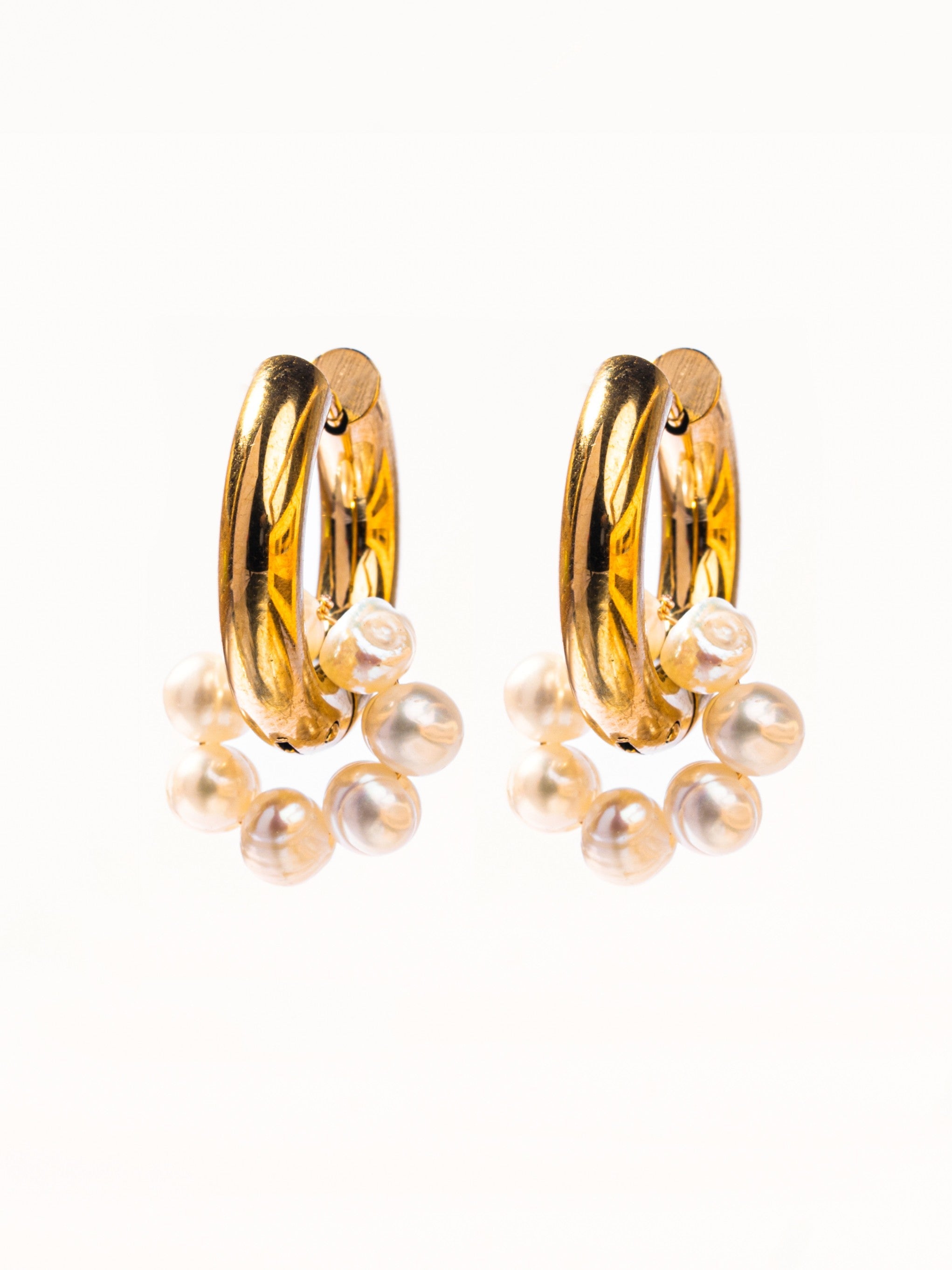 18k gold-plated Alina freshwater pearl drop earrings �? timeless 2-way versatile pearl drops, anti-tarnish and waterproof for evening and everyday wear.