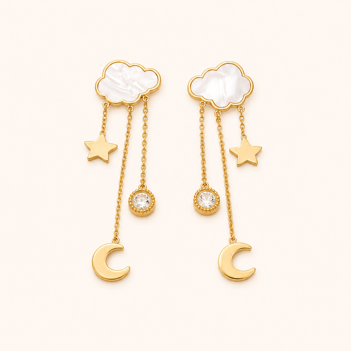 Amore Celestial Cloud Star Drop Earrings - gold plated cloud star moon drop earrings for women