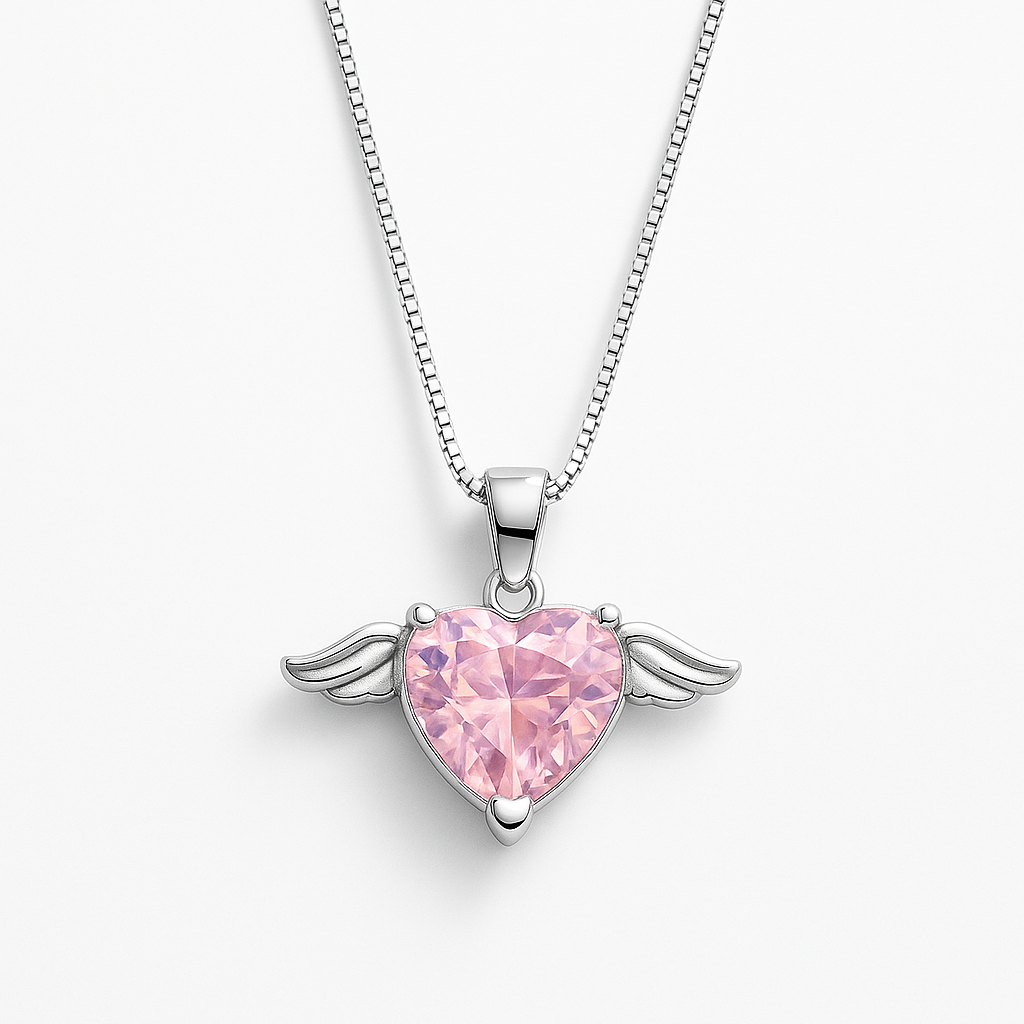 angel wings heart sterling silver pendant charm lite pink cz pendant charm