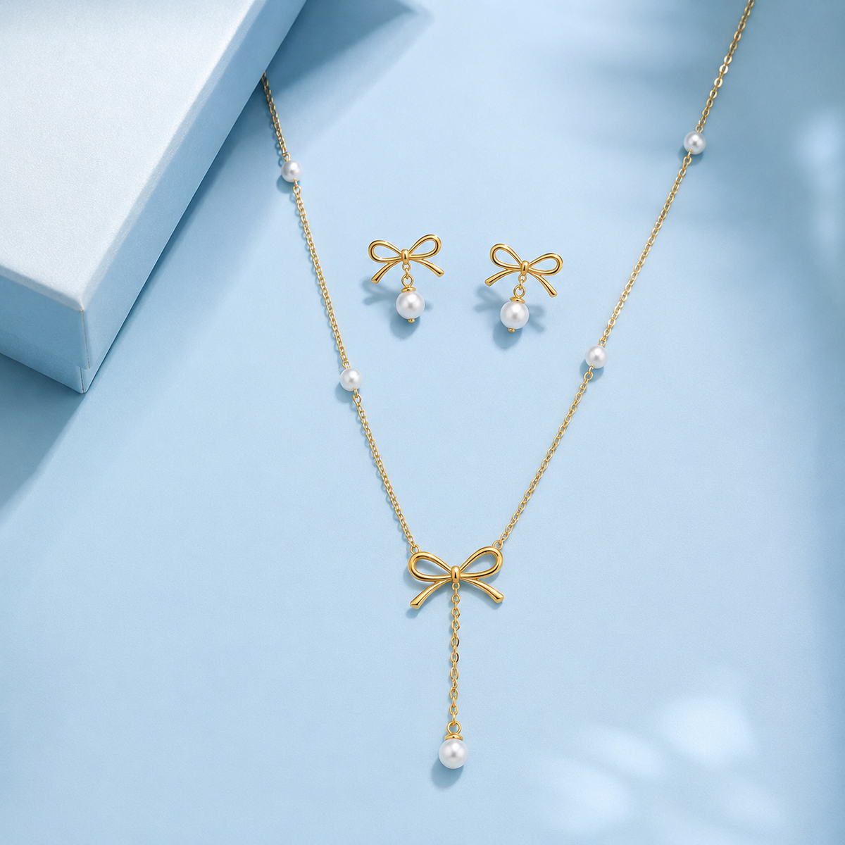 Arboreal Bow and Seed Pearl Necklace and Earrings Set - gold plated pearl jewellery set for women-2