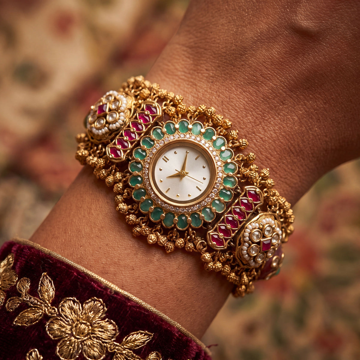 Antique Gold White Dial Green Bezel Ruby Bar Temple Ghungroo Bracelet Watch for Women & Girls | Stylish Watch | Wrist Watches for Girls | Ideal for gifting | Gift for Diwali, Christmas, Marriage, Birthday, anniversary, wedding