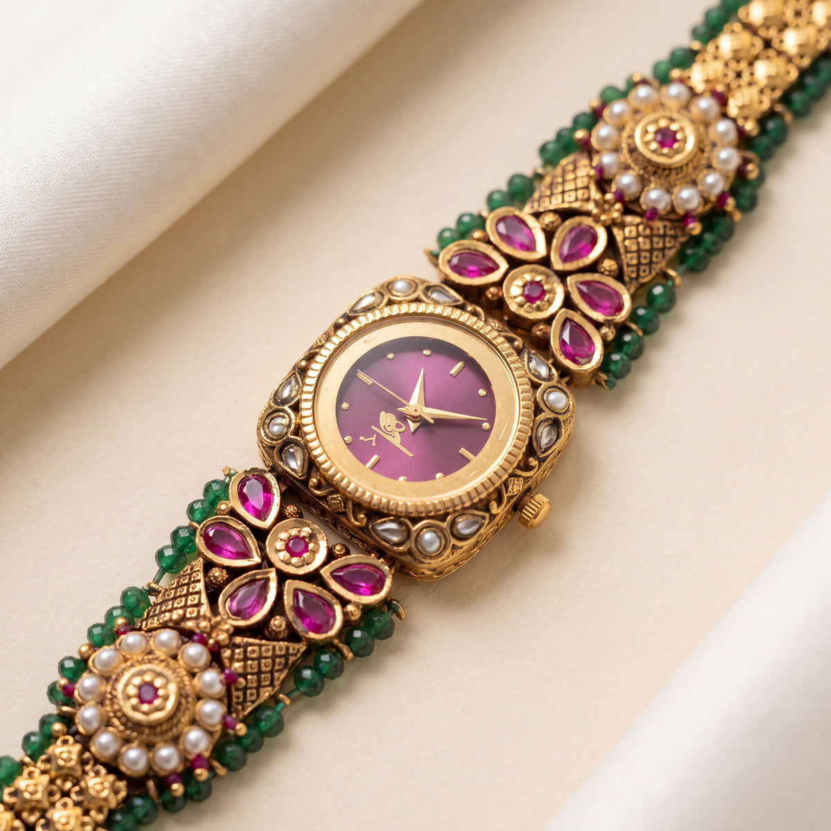 Antique Gold Pink Dial Cushion Kundan Ruby Floret Bracelet Watch for Women & Girls | Stylish Watch | Wrist Watches for Girls | Ideal for gifting | Gift for Diwali, Christmas, Marriage, Birthday, anniversary, wedding