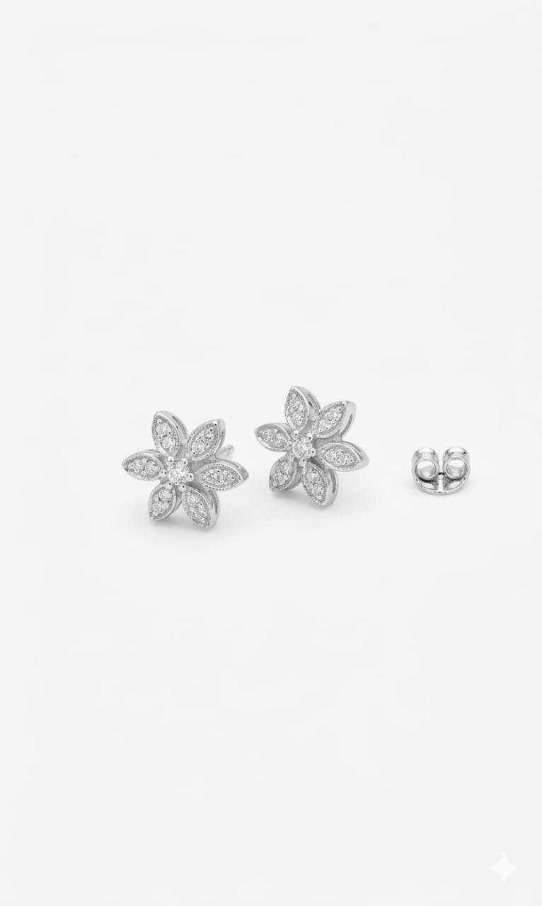 925 Sterling Silver Rhodium Plated Floral CZ Stud Earrings