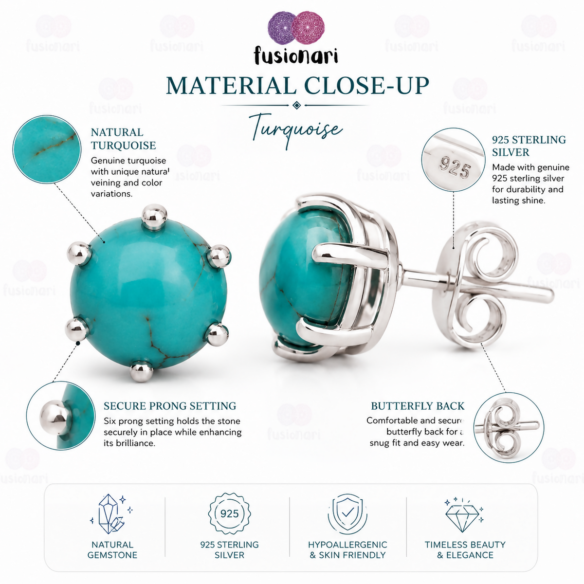 925 Sterling Silver Turquoise Eartops for Women | Natural Sky Blue Gemstone Stud Earrings | High Polish Jewelry